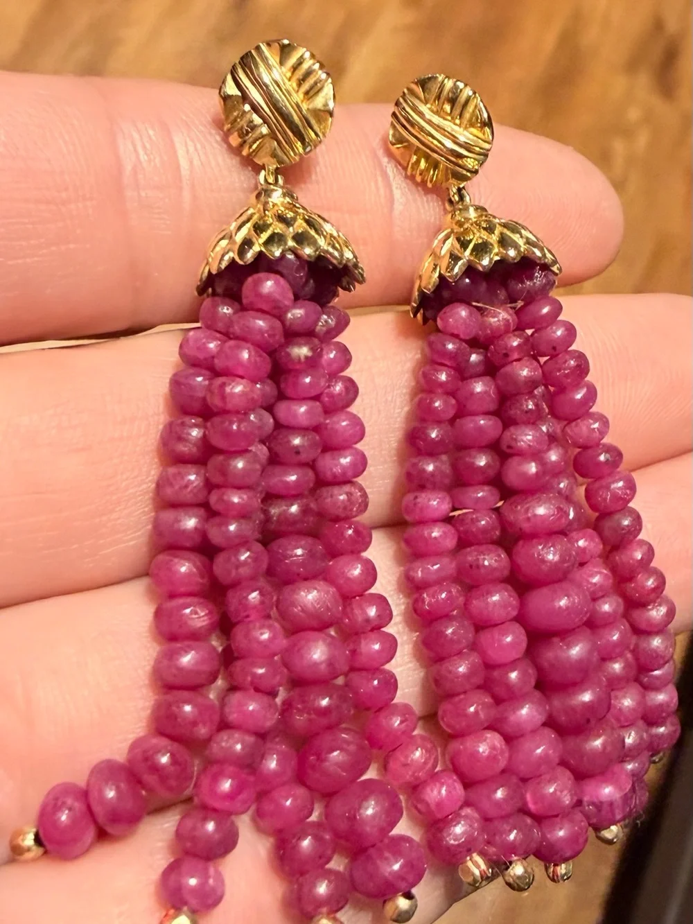 Ruby 22k Gold Earrings from India. Stunning Tassel Earrings - Women Jewelry - Picture 13 of 14